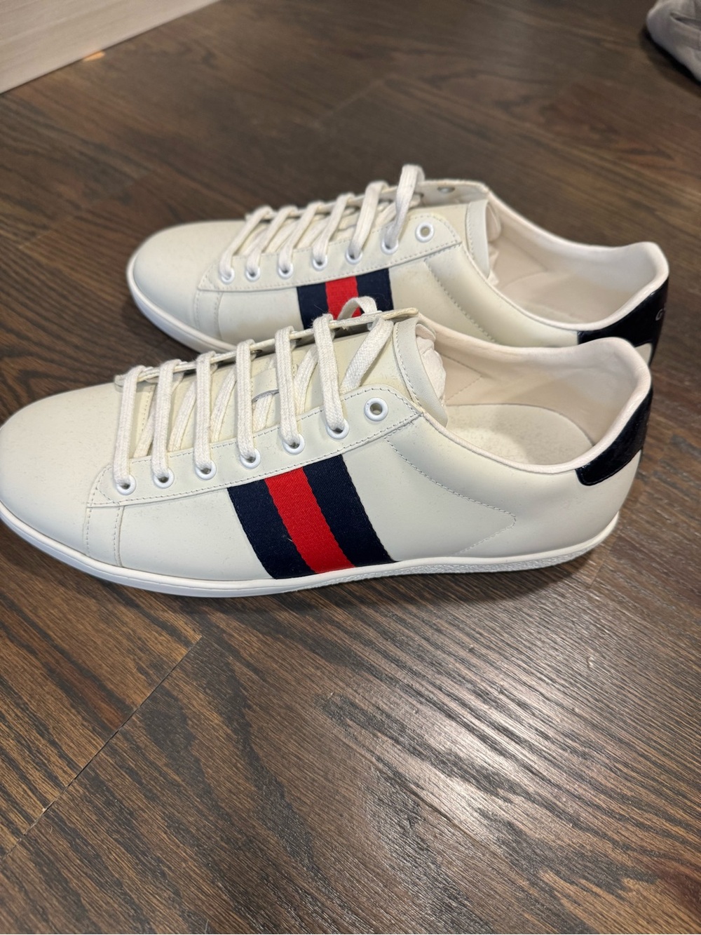 men’s Gucci White Leather Sneakers with Red & Navy Web Stripe